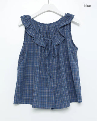 Checked ruffle sleeveless blouse