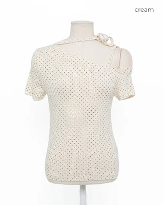 One-off shoulder polka dot half-sleeve T-shirt