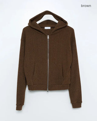 Rib-knit semi-cropped double-zip hoodie