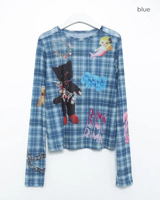 Unique Print Tartan Check Long T-Shirt