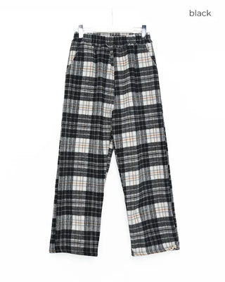 Fleece-lined check pattern elastic waist pants