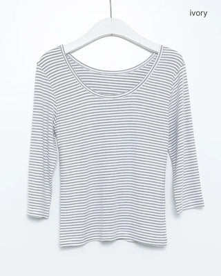 Striped oval neck cropped sleeve T-shirt