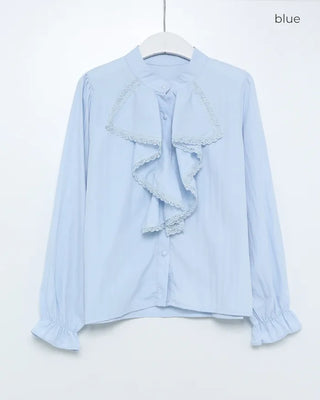 Lace Ribbon Henley Neck Blouse