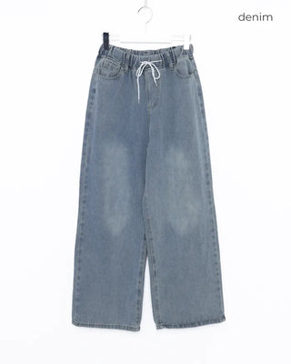 Elastic waistband drawstring denim wide-leg pants