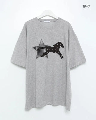 (Unisex) Check Star Dot Horse Patch Half T-Shirt