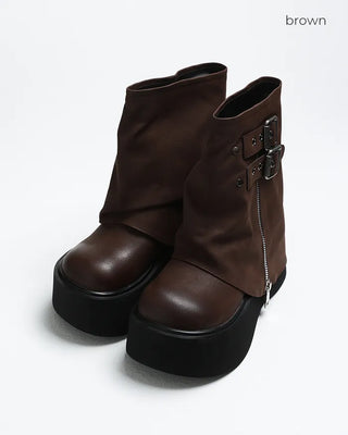 Buckle Zipper Leather Mid-Calf Boots