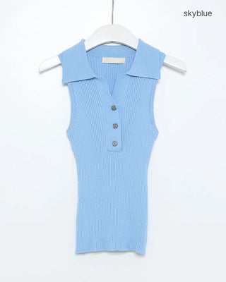 Button-up, large collar, sleeveless knit top