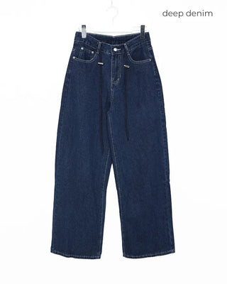 Straight denim pants with drawstring waist