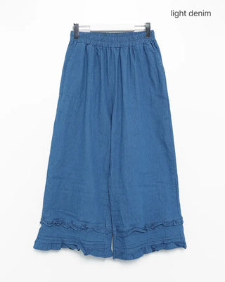 Frilled denim cotton wide-leg pants with elastic waistband