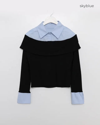 Shirt-layered off-shoulder blouse