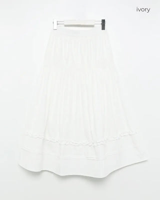 Shirred frill yoke flared long skirt