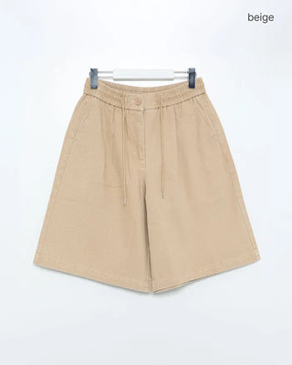 (Unisex) Cotton Wide Half Pants with Drawstring Waist