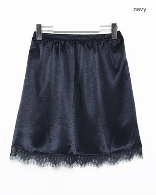 Scalloped lace hem satin mini skirt