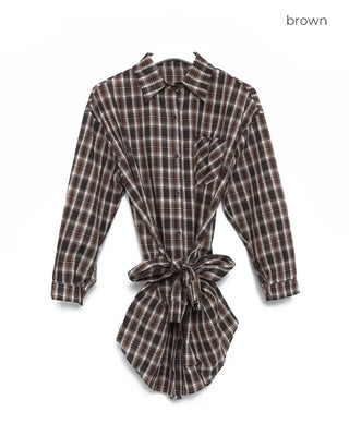 Waist-string check long shirt