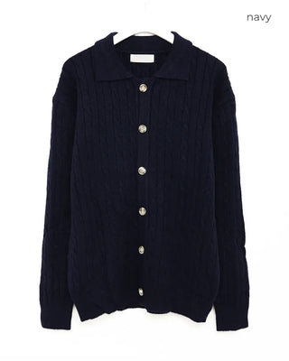 (Unisex) Cable Button Collar Cardigan