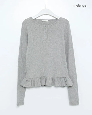 Henley neck frill long-sleeved T-shirt