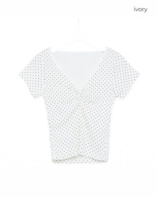 V-neck polka dot shirred short-sleeved T-shirt