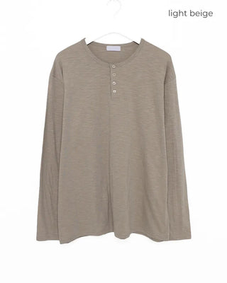 U-neck cotton button-down long-sleeved T-shirt