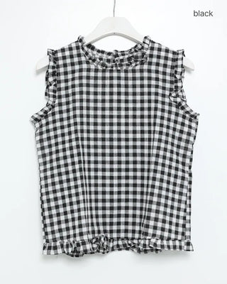 Frilled gingham check sleeveless blouse