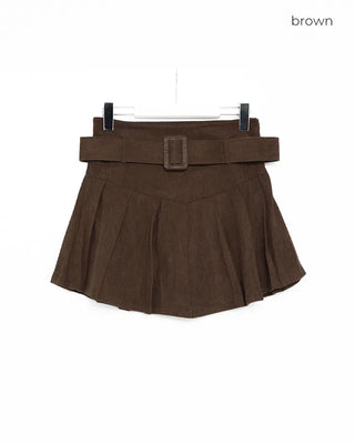 Belted corduroy pleated mini skirt
