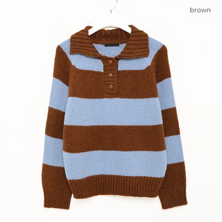 Striped button collar knit