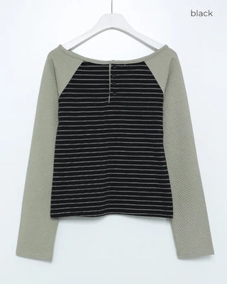 Striped Henley Neck Long T-Shirt