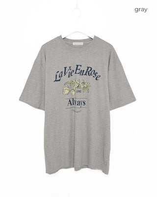Pigmented floral print loose half-length T-shirt