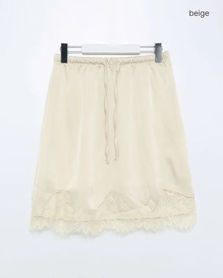 Satin elastic waist lace midi skirt