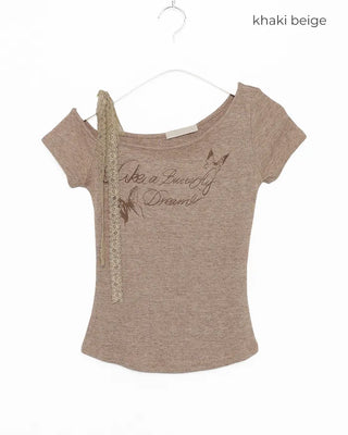 Ribbon Shoulder Butterfly Cap Ribbed T-Shirt