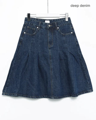 Dart-tucked denim midi skirt