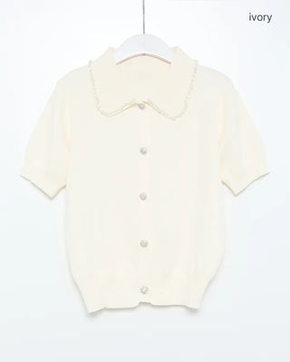 Pearl Button Short-Sleeve Colored Knit