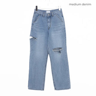 Distressed straight denim pants