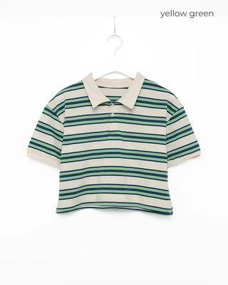 Double-border color polo neck cropped T-shirt
