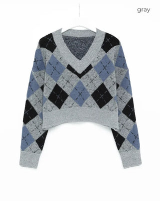 V-neck argyle pattern loose knit