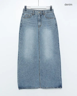 H-line elastic waist long denim skirt