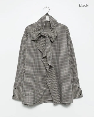 Checked ribbon tie blouse