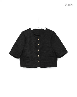 Heart gold button short-sleeved tweed jacket