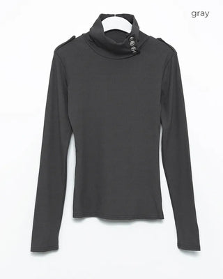 Button stand neck ribbed slim long T-shirt