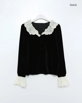 Frilled velvet blouse