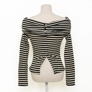 Striped button-down off-shoulder T-shirt