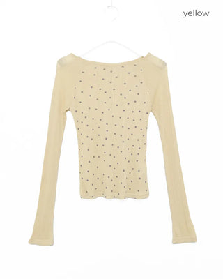 Boat neck polka dot ribbed long T-shirt