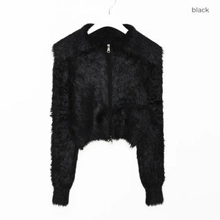 Angora Texture Color Zipper Cardigan