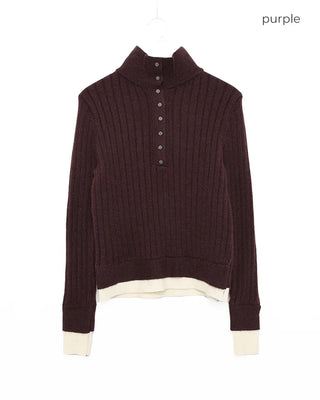 High-neck layered button knit