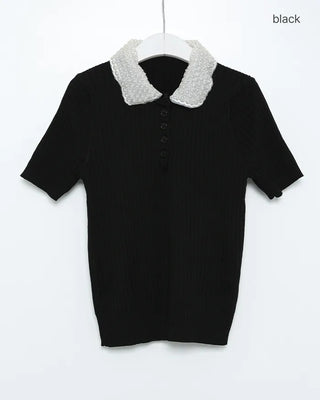 Pearl-embellished color-accented short-sleeved knit