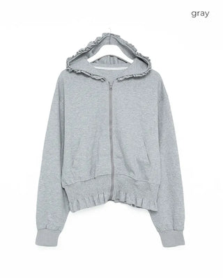 Shirred ruffle hem zip hoodie