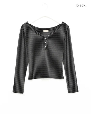 Jewel Neck Border Long Sleeve T-Shirt