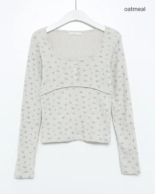 Deep Henley Neck Flower Pointelle Cut and Sew