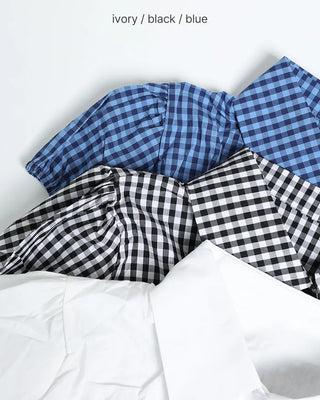 Checked shirred short-sleeved blouse