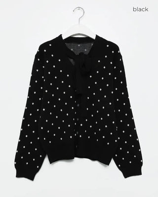 Polka Dot Ribbon Tie Knit Cardigan