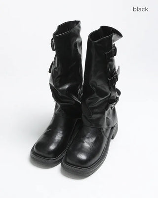 Square-toe triple-strap mid-calf boots